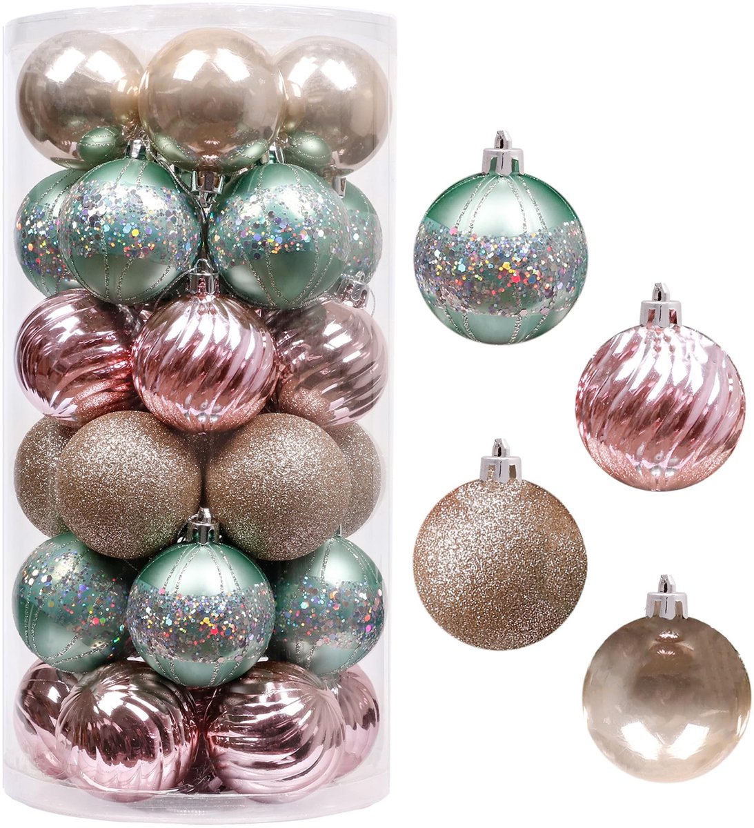 Dailygoods - Cosensi - Dailygoody - Kerstballen Set - Onbreekbare Ornamenten - Elegant Design - Mintgroen en Roségoud - Perfect voor Kerstmis - 30 Stuks