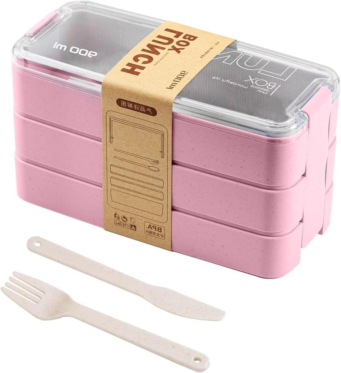 Bento Lunch Box - Maaltijdbox Stapelbaar - Lunch Meenemen - 3 Lagen - 18x8x10.5cm - Roze