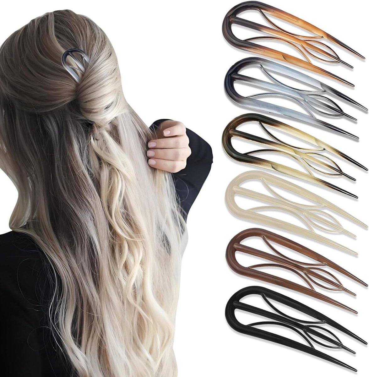 Retro U-vormige Haarspelden, Draaipinnen en Schildpad Haaraccessoires voor Vrouwen - Set van 6 voor Buns en Haarstijlen