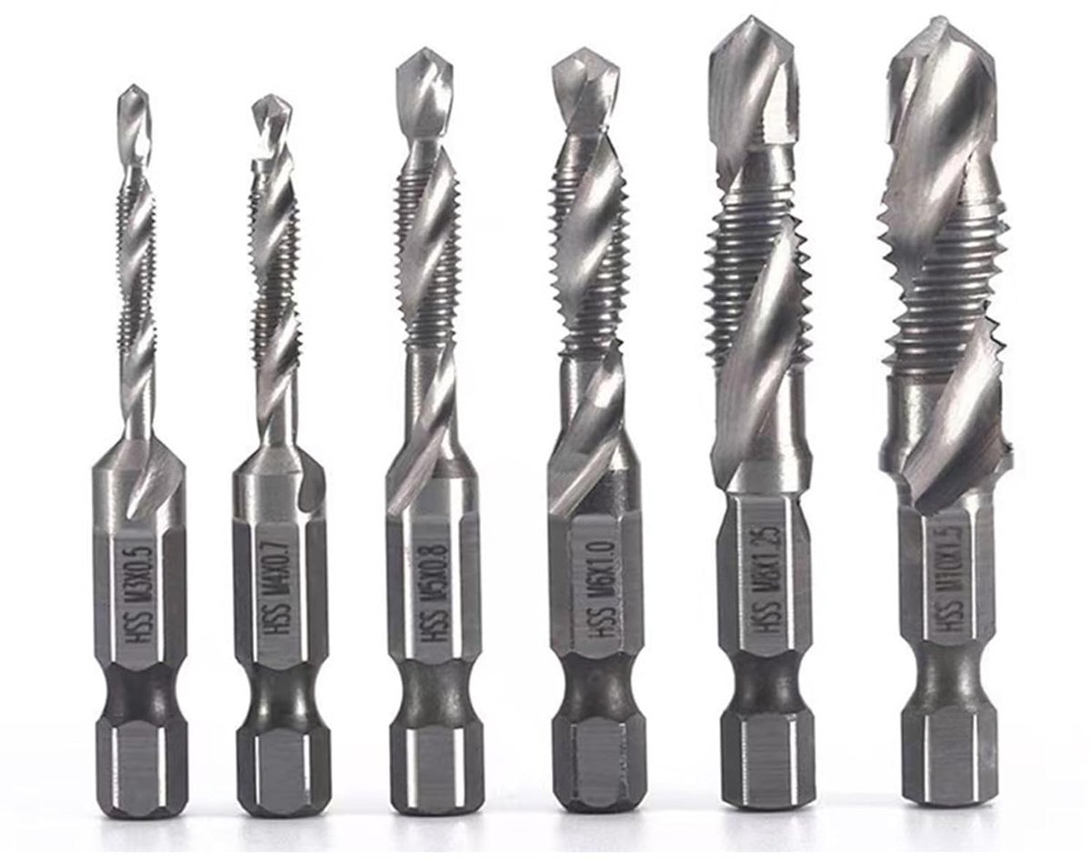 Set van 6 combinatieschroefdraadsnijboren met zeskantige schacht - M3 x 0.5 tot M10 x 1.5 - HSS staal - Boren en tappen voor metaal en hout - precisie gereedschap