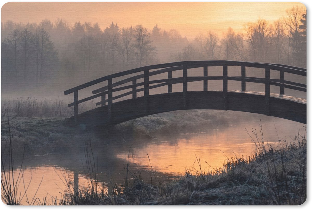 Muismat 13x8 cm - Mousepad Brug - Mist - Bomen - Water - Muismatten