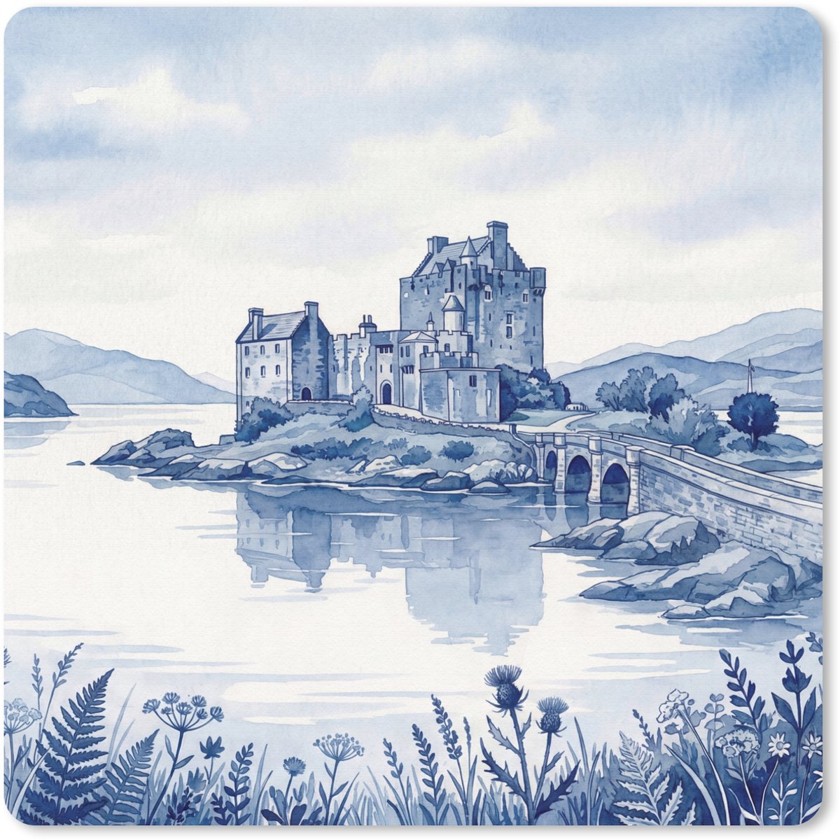 Muismat 20x20 cm - Mousepad Schots - Kasteel - Blauw - Aquarel - Muismatten