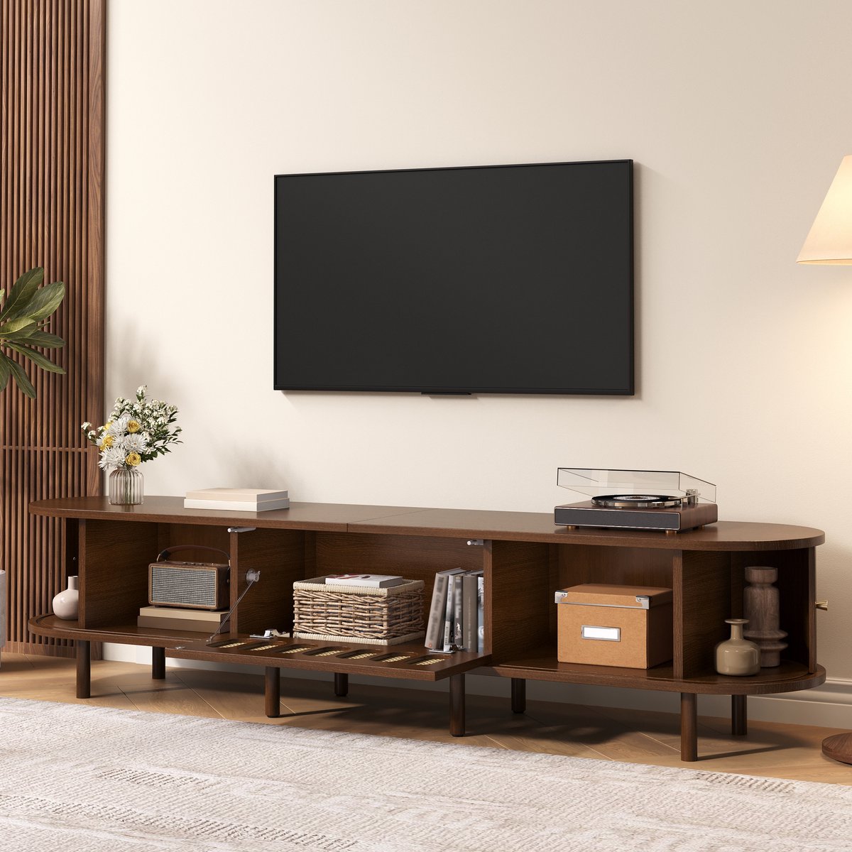 FloraGrace Tv Meubel - Ovaal Design Met Rotan Details En Roldeuren - Voor Woonkamer - MDF - 180x40x40 Cm - Walnootkleur