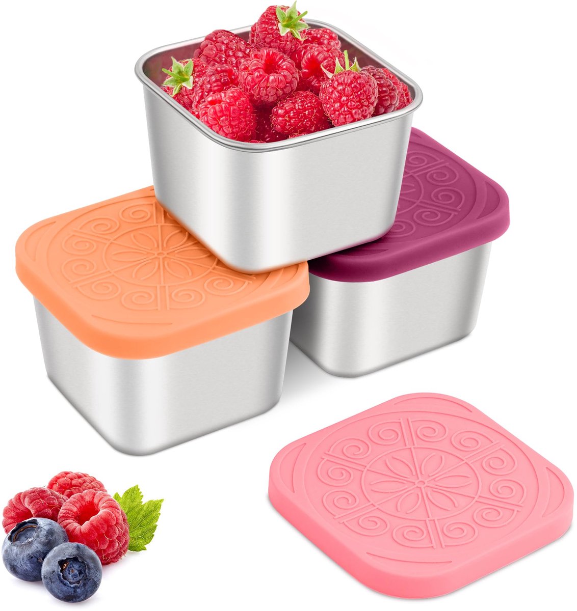 3-delige snackset – snackdoosjes – snackbox – 7,6 x 4,4 x 4,4 cm – Siliconen – Oranje/Roze/Paars
