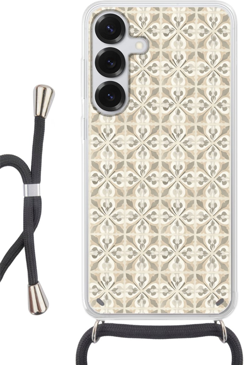 Telefoonhoesje Geschikt voor Samsung Galaxy S25 - Tegel - Motief - Beige - Siliconen - Crossbody - Backcover met Koord - Telefoonhoesje met koord - Hoesje met touw Telefoonhoesje