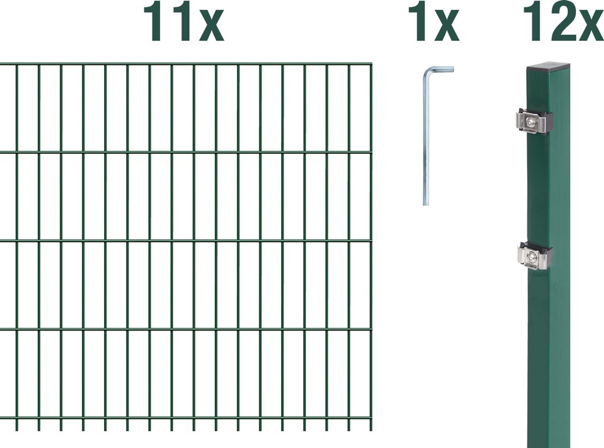 Alberts 672140 dubbelstaafmat hekwerk als 24-delige complete hekwerkset, kunststofgecoat, groen, hoogte 103 cm, lengte 27,5 m