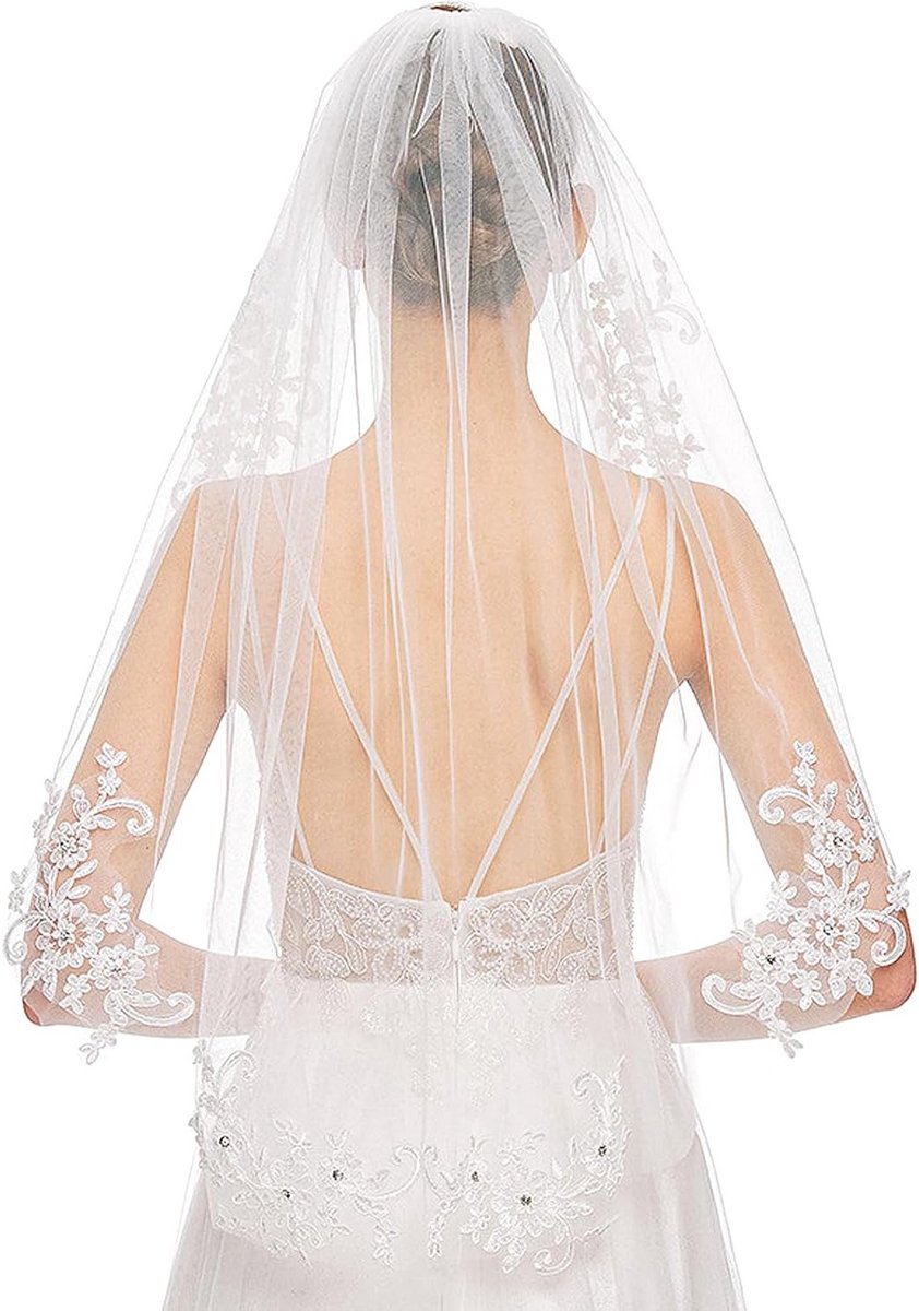 Elegante trouwsluier met strass, ellebooglengte, geborduurde bloemen en kam voor bruiloften en feesten