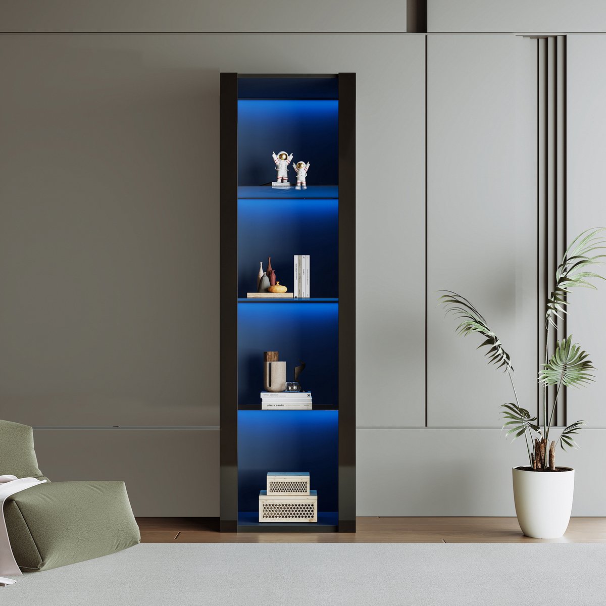 Smalle vitrinekast zwart hoogglans 55x38x166 cm - displaykast met LED verlichting en glazen planken - moderne staande kast