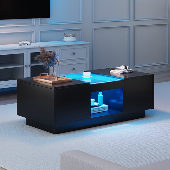 MIVRAY Salontafel - Met Ledverlichting, Glasblad En 2 Laden - Voor Woonkamer - Spaanplaat In Zwart - 100x50x35,5 Cm