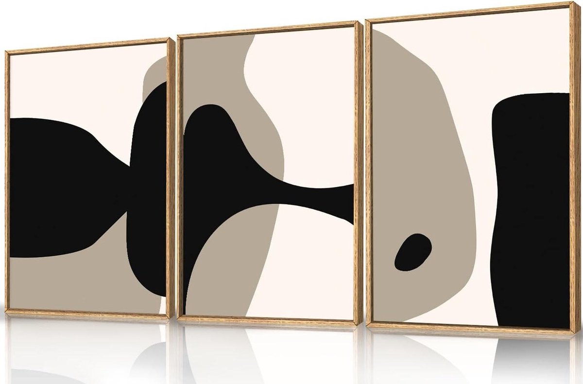 Canvas Muurkunst Set - Abstracte Prints - Woonkamer Decoratie - Geometrisch Patroon - 40.6 x 61 cm - Beige Zwart