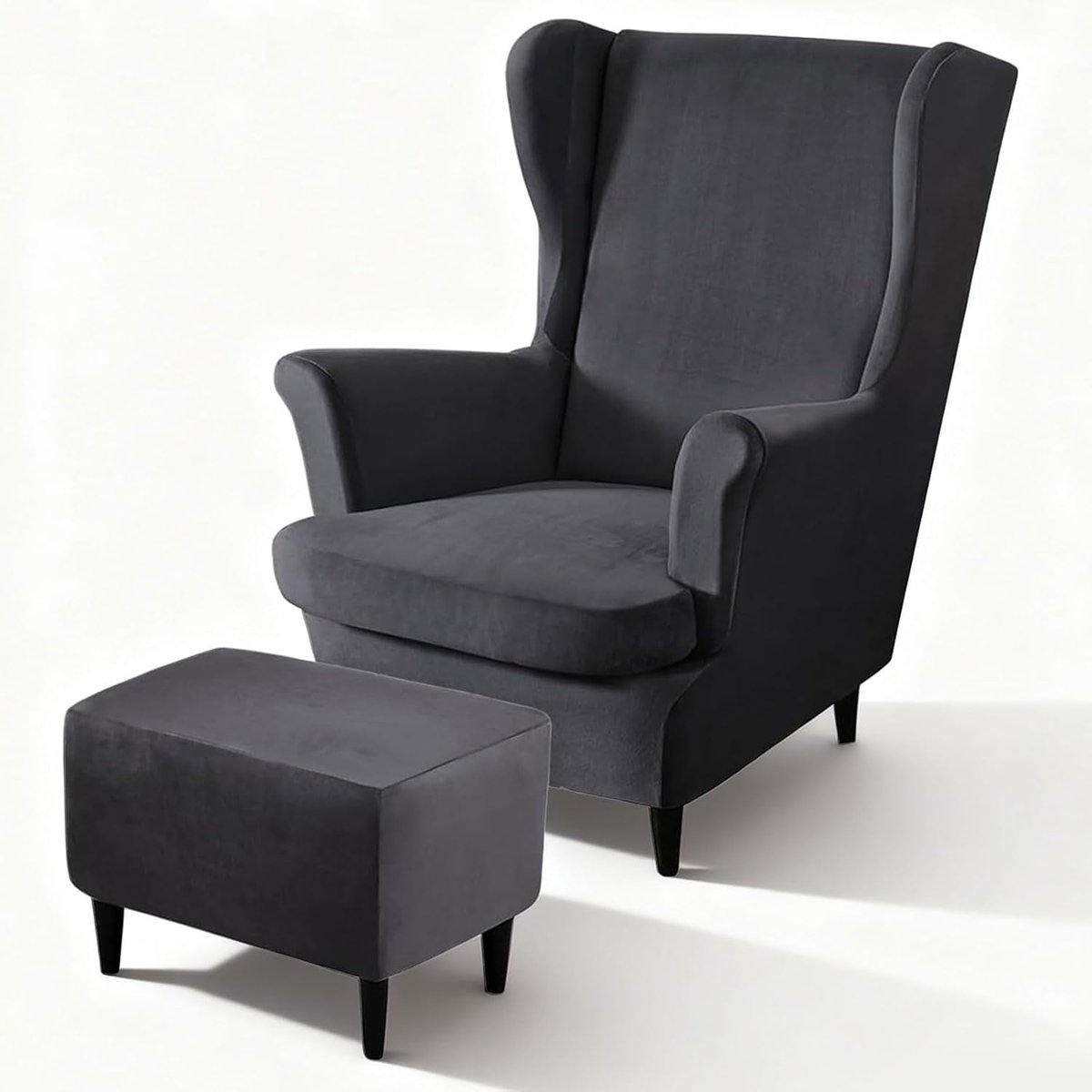3 Piece Velvet Ear Recliner Cover met Voetensteun - Stretch Velvet Stoelhoes - Elastische Hoes - Hoge Rugleuning - Wasbaar (Donkergrijs)