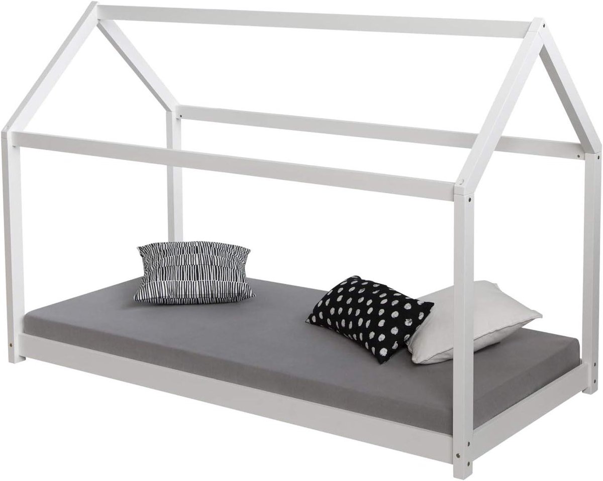 Huisbed Kinderbed - Juniorbed Houten Bed - Spelen en Slapen - Scandinavisch Design - 90x200 cm - Wit