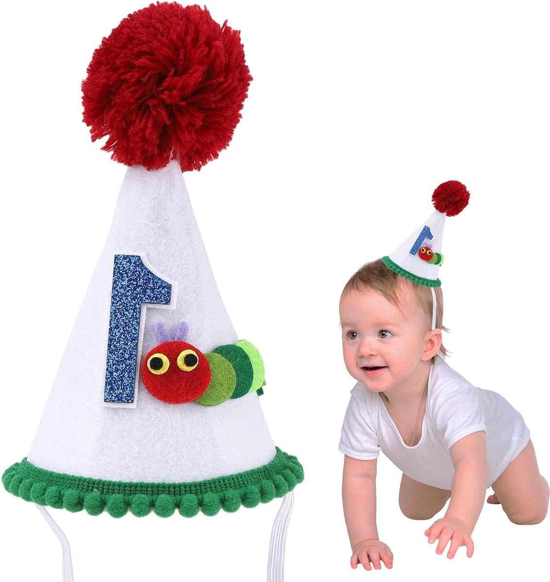 Zachte Verjaardagskroon voor 1e Verjaardag met Rode Pompon voor Jongens en Meisjes, Perfect voor Cake Smash en Foto's, Feestelijke Outfit Accessoires