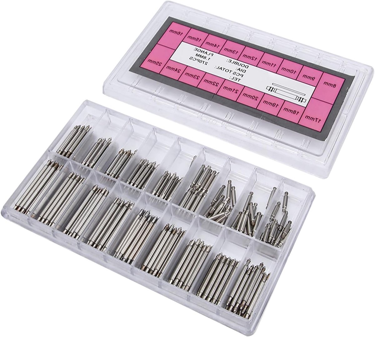 Set van 270 Professionele Dubbelkopige Veerpen voor Horlogeband Reparatie - Inclusief Diverse Maten en Gereedschap voor Horlogemakers