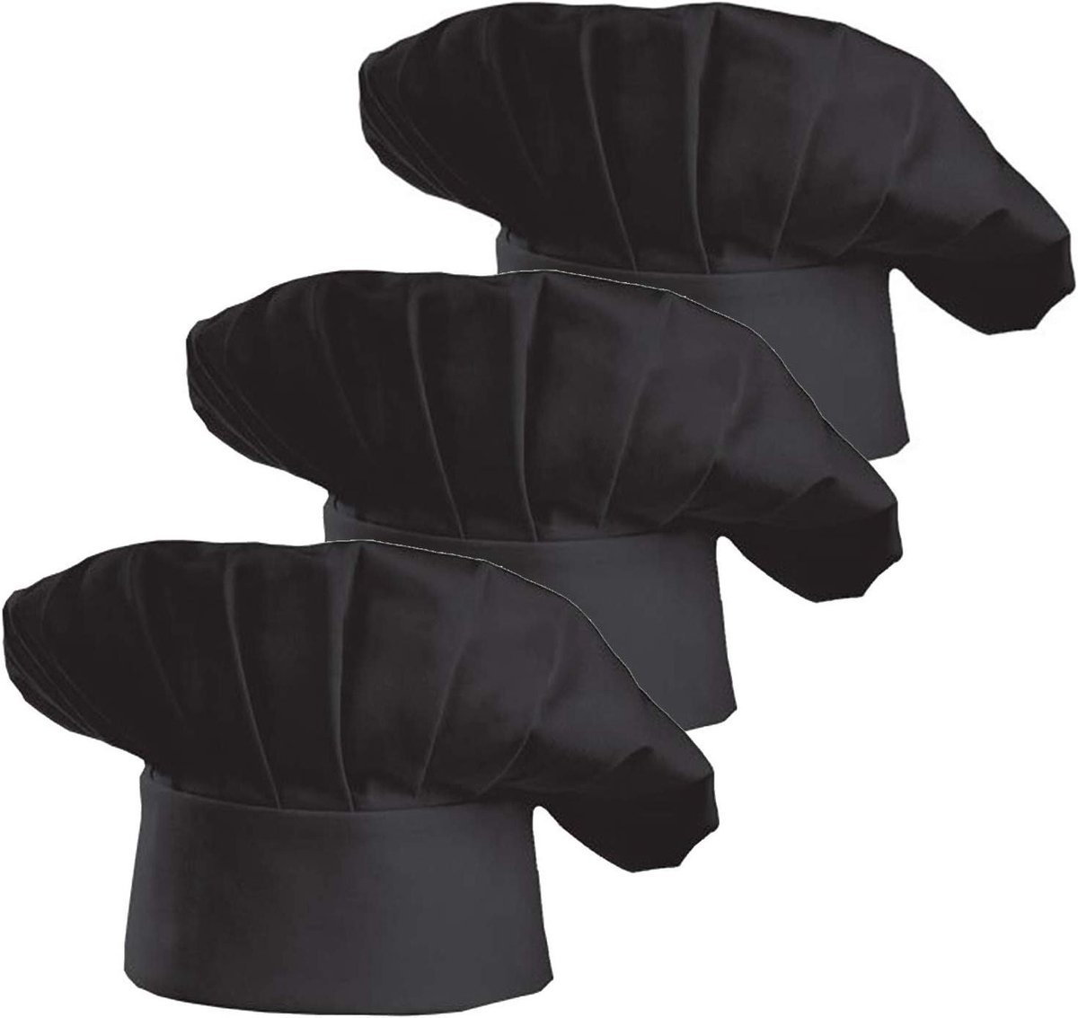 Chef Hoed Set - Koksmuts Bakker - Keuken Werk - Verstelbare Elastische Band - 3 Stuks - Zwart