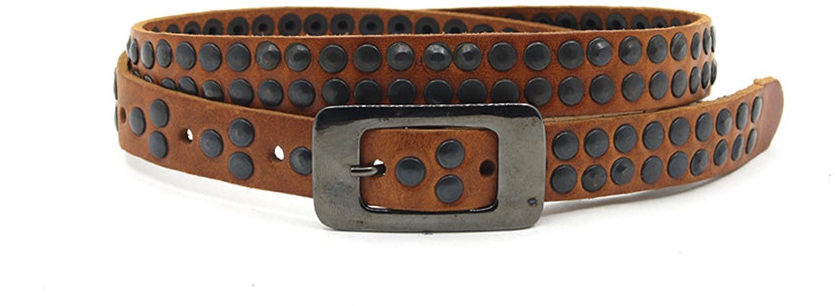 Cognac smalle dames riem studs 2 cm - Leer - Smalle riem - Stoer - Maat 85