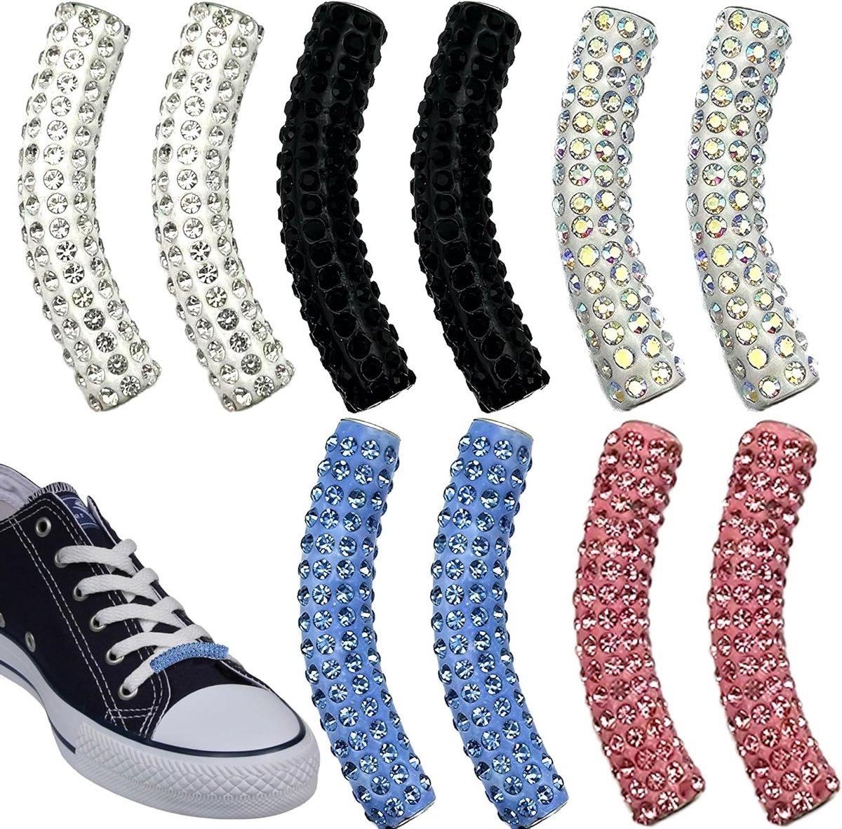 Stijlvolle schoenaccessoires: 10 kleurrijke veters, strass gespen en bling charms voor sneakers en casual schoenen