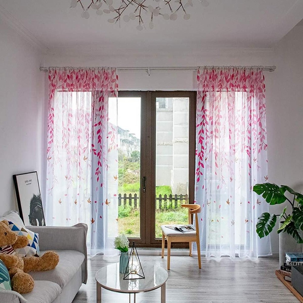 Transparante Gordijnen - Voile Gordijnen Raambekleding - Woonkamer Decoratie - Zwaluwen en Wilgentakken Patroon - 100x200 cm (2 Panelen) - R