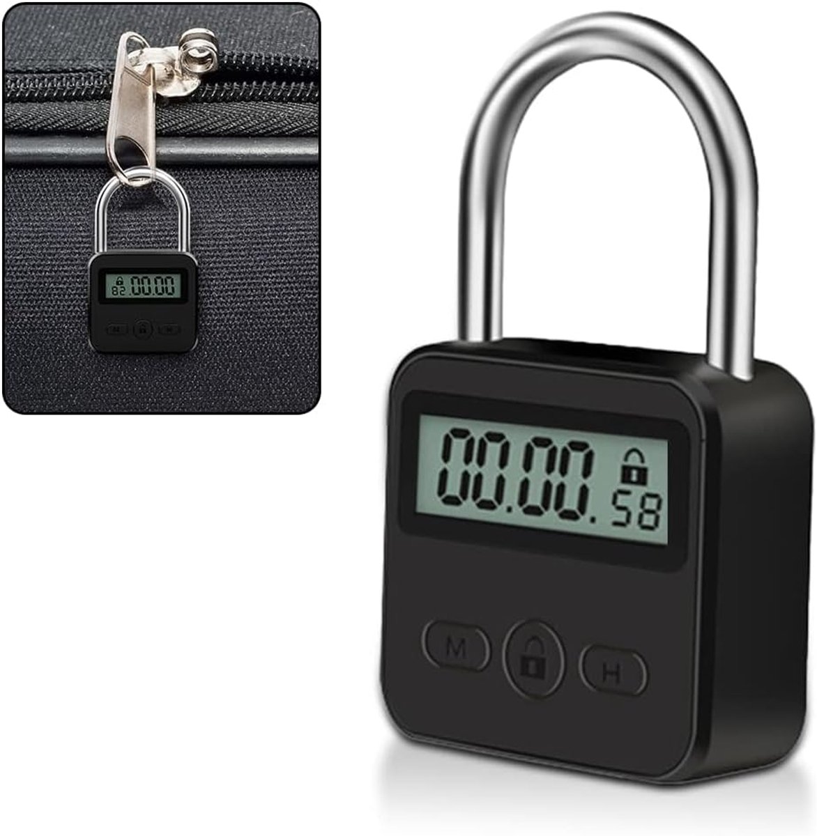 Oplaadbare USB Veiligheids Hangslot met Touw - Digitale Tijdslot Intelligente Timer met LCD Scherm - Metaal Timer Slot voor het Voorkomen van Slechte Gewoontes - Zwart