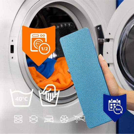 Blauw dweildoek in een hand, naast een wasmachine met wasgoed.