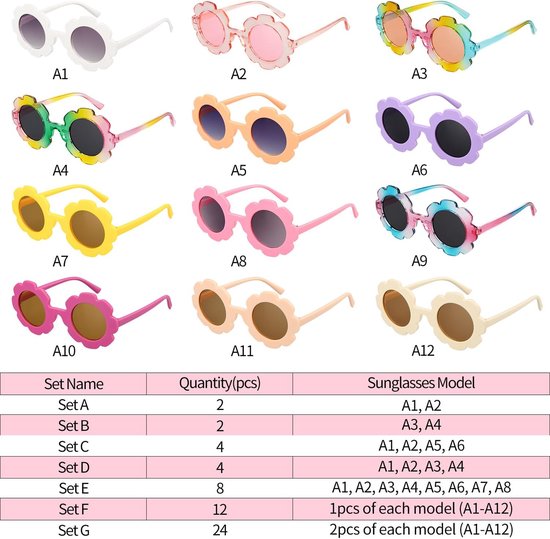 Kinder Zonnebrillen Set - Bloem Zonnebrillen - Feestjes en Buiten - 12 Kleur Opties - 2 Stuks - Gekleurd van Kinder — afbeelding 4