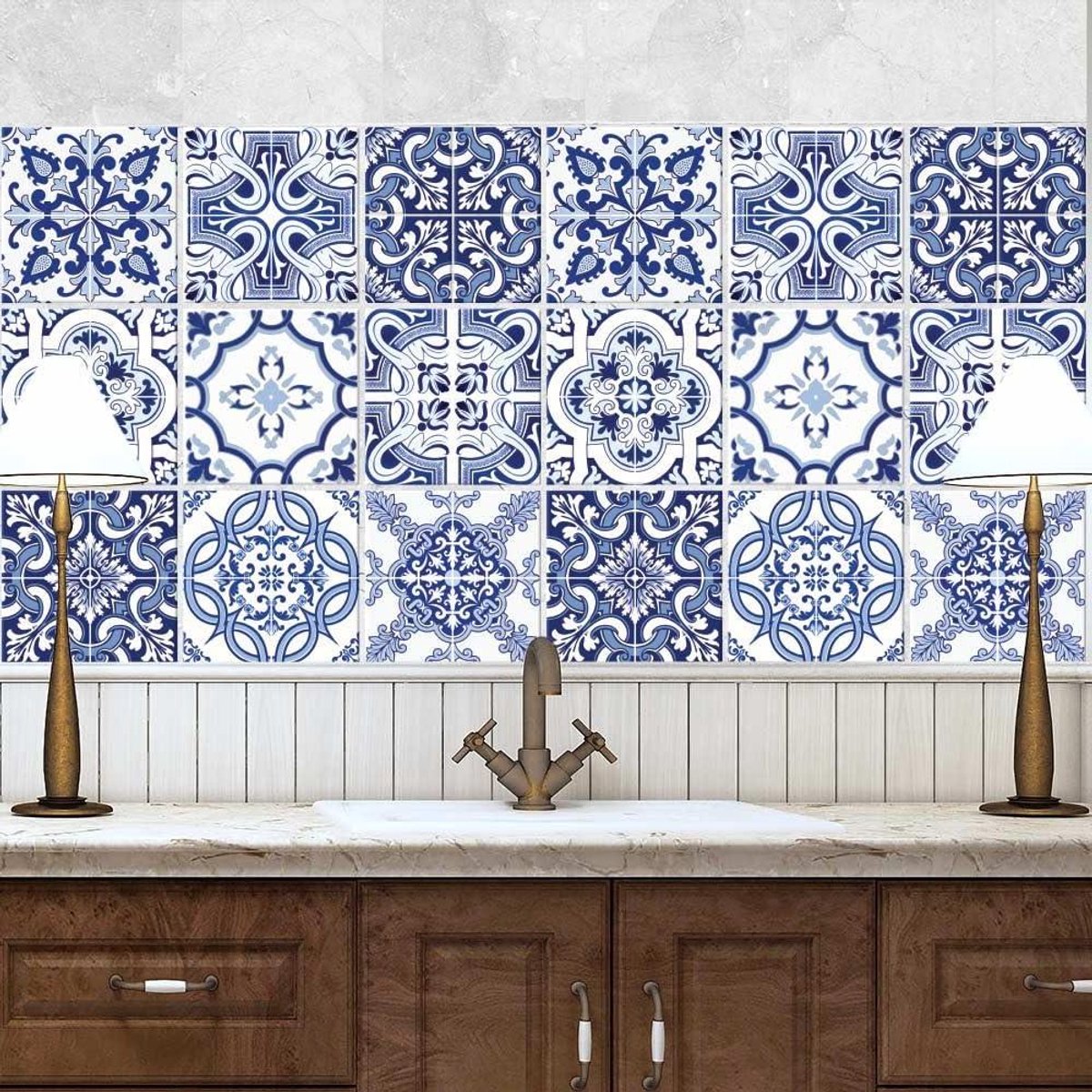 36 Pcs Adhesive Tiles 10x10 cm PS00093 Mosaic of Azulejos Wall sticker Collage Decorative adhesive to Cement tiles for Bathroom and Kitchen peel and stick