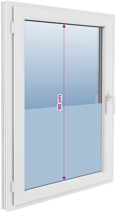 Wit PVC-raam met een matblauw deel en een pijl die de hoogte van 90 cm aangeeft.
