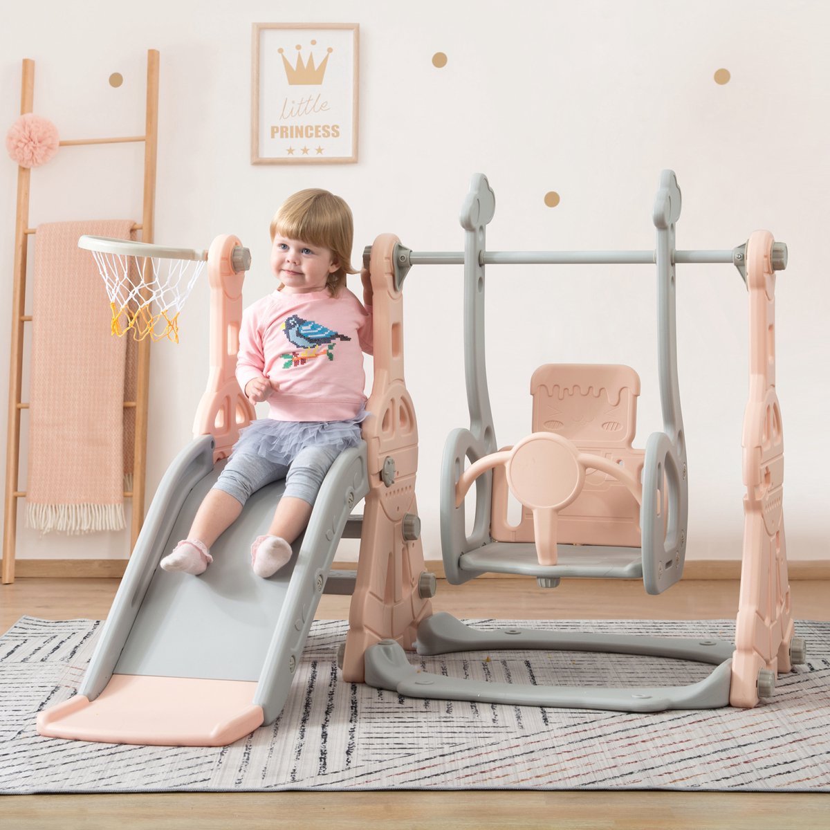 4-in-1 kinderglijbaan en schommelse met Klimrek & Basketbalring - Speeltoestel voor Binnen en Buiten - Geschikt voor Kinderen 3-6 Jaar-roze