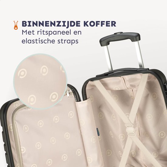 Binnenzijde van de donkergrijze koffer met ritssluiting en elastische banden, en een patroon van cirkels.