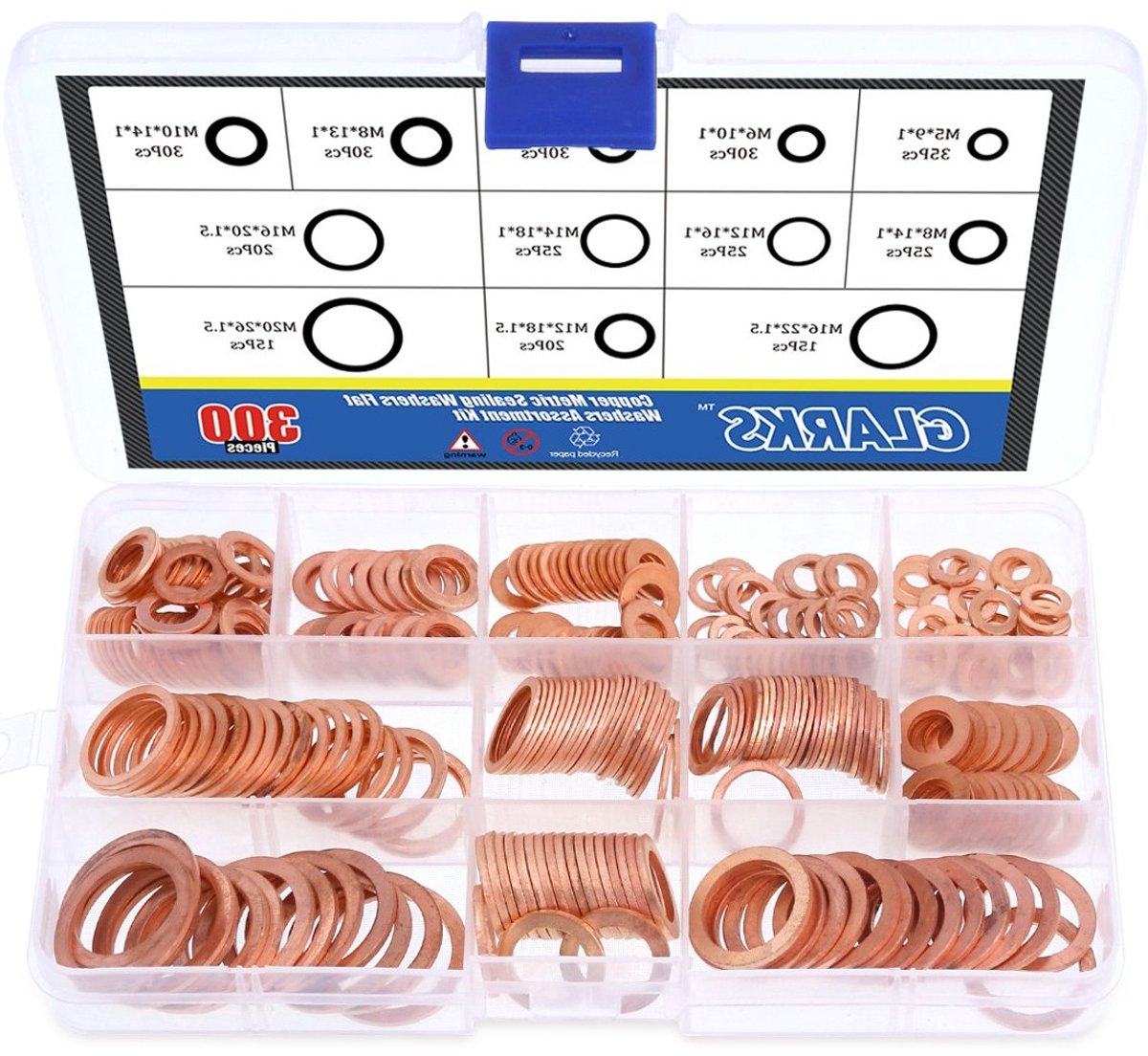 300 Stuks Assortiment Set van 12 Maten Metalen Platte Ring Dichtingsringen van Koper