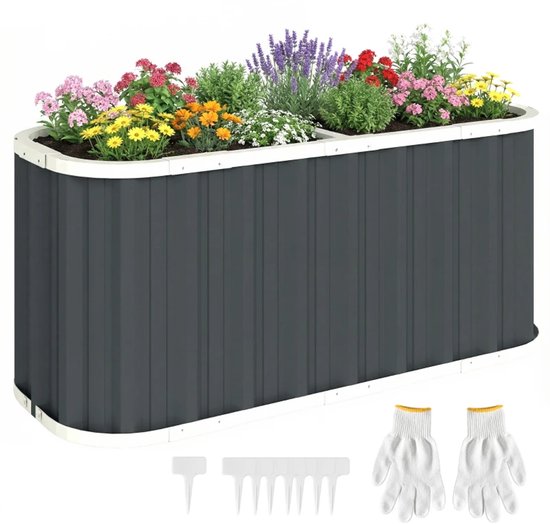 Jardinière de Luxe - Bac à Fleurs Surélevé avec Bords de Protection, Étiquettes de Plantes - Lit de Jardin - Bac de Culture - Potager - pour Extérieur, Terrasse, Jardin & Balcon - pour Légumes, Fleurs & Herbes - 136 x 53 x 61 cm - Gris foncé