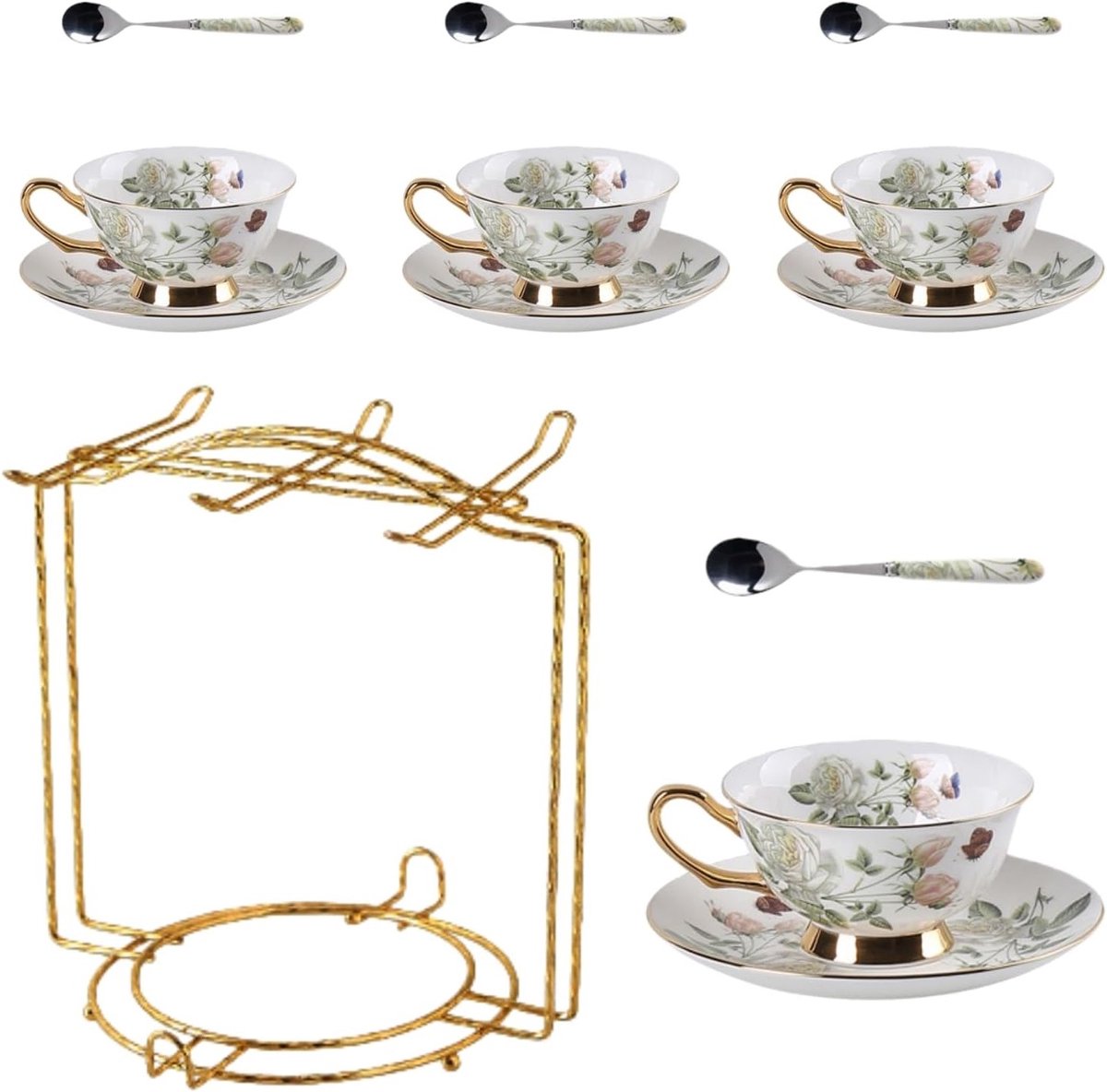 Elegante 8-delige theeset met bloemenmotief van porselein, perfect als cadeau voor bruiloften en speciale gelegenheden, inclusief geschenkdoos.