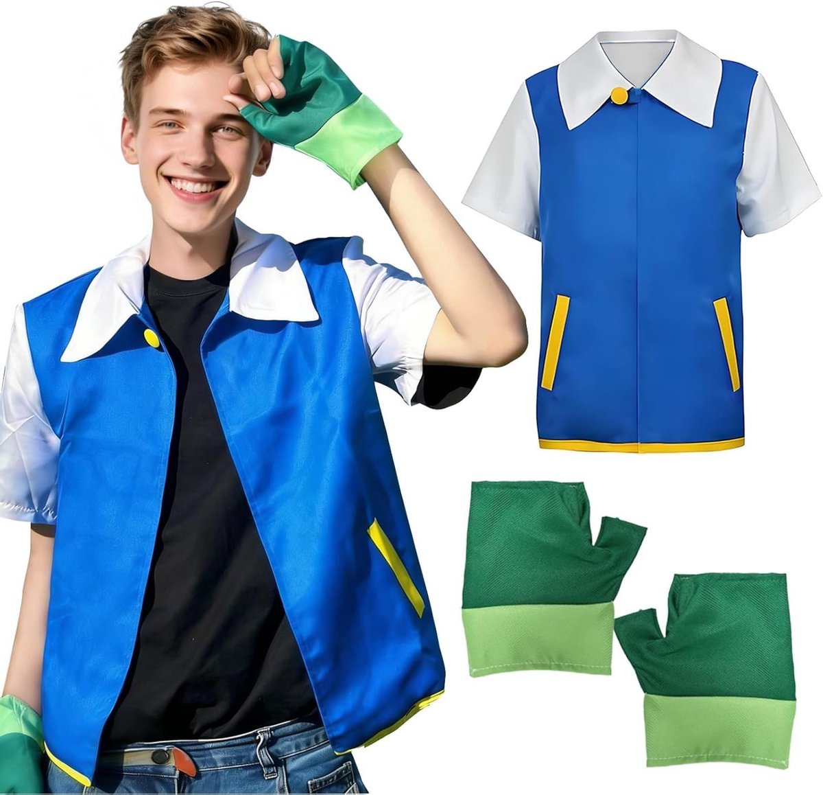 Blauwe Cosplay Outfit met Handschoenen, Klassiek Anime Kostuum voor Mannen en Vrouwen, Perfect voor Halloween, Carnaval en Toneeloptredens
