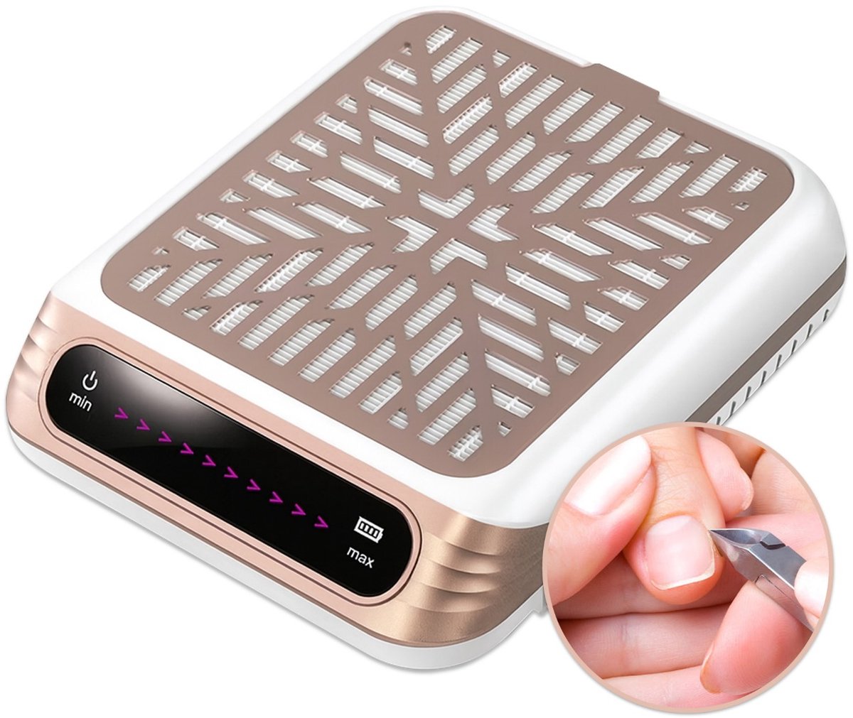 Velaré® Nail Dust Collector – 100W Oplaadbare Manicure Stofafzuiger – Stil & Krachtig – Touchscreen Bediening – 10 Snelheden – Voor Acryl- en Gelnagels – Wasbaar Herbruikbaar Filter + Extra Filter – Wit/Goud