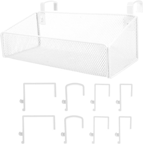 Witte metalen mand met gaasstructuur en zeven witte ophanghaken.
