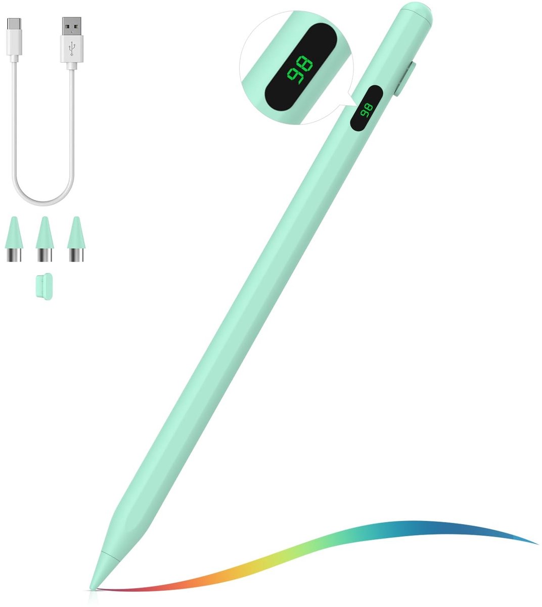 aladdien - Stylus Pen - Universele styluspen - LED Power Display - Groen - Compatibel met iPad en Android - Perfect voor tekenen en notities