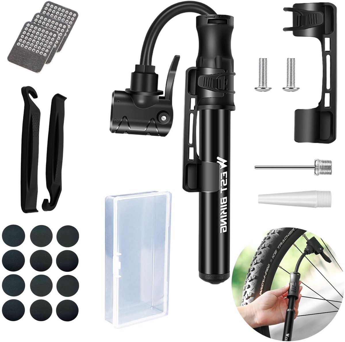Allecto - Fietspomp Set - 24-delige Fietspomp Set - Inclusief Bandenplakset - Geschikt voor Mountainbike en Racefiets - Universele Ventielen