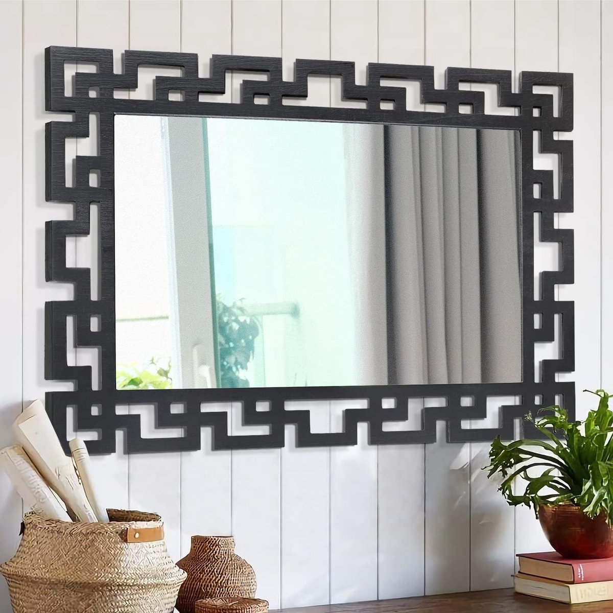 Moderne Grote Spiegel Wanddecoratie met Houten Frame 65 x 45 cm voor Slaapkamer, Woonkamer, Badkamer en Hal in Zwart