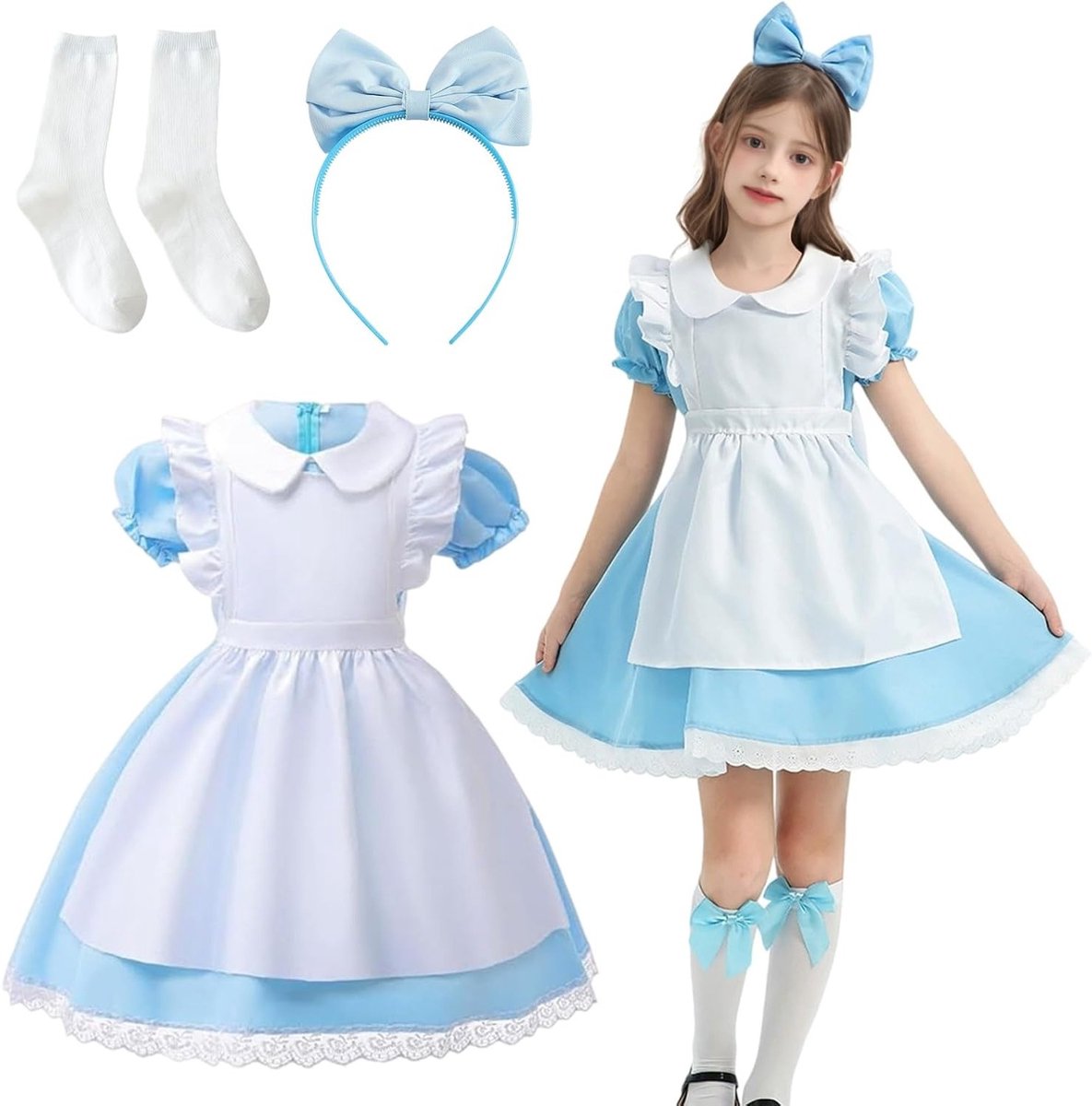 Wonderland Prinsessen Kostuum voor Meisjes met Witte Schort, Hoofdband en Sokken - Blauwe Carnaval Jurk voor Kinderen en Cosplay Feestjes