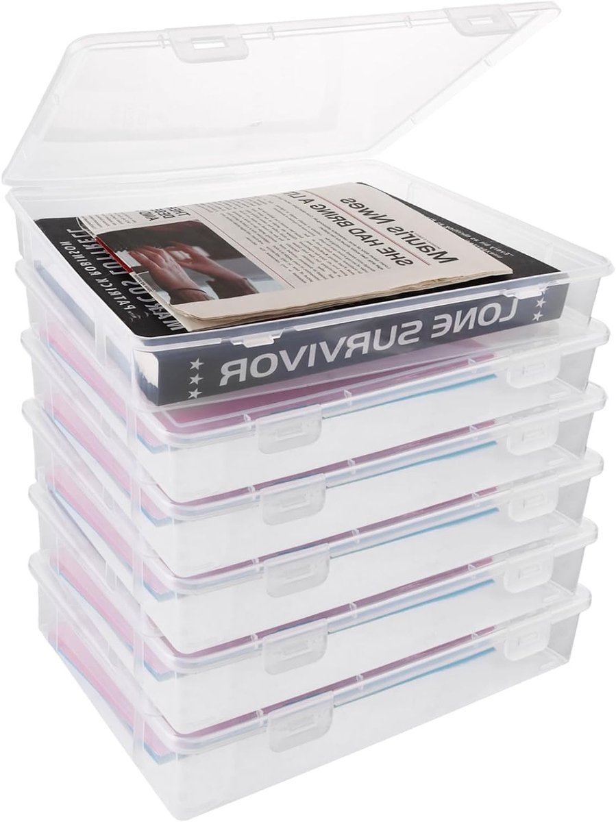 Archiefdozen set van 6, kunststof opbergdozen met deksel, ideaal voor papieropslag, knutselwerk en documenten, 27 x 19,5 x 5 cm
