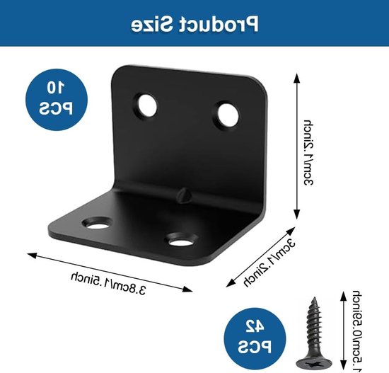 Set van 10 Hoekverbinders 38x30x30mm, Zwarte Metalen Hoekbeugels, Ideaal voor Meubels, Tuinhek en Raamconstructies met 42 Schroeven — afbeelding 5