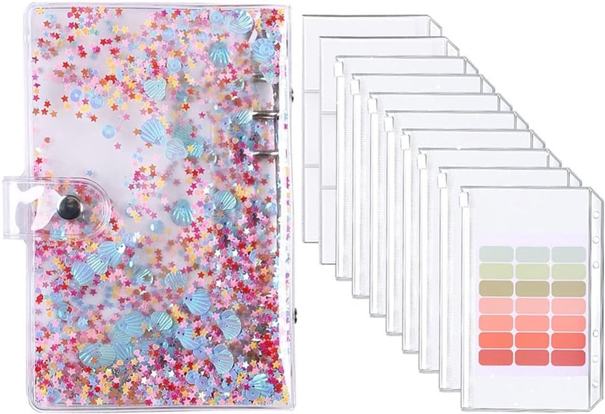 Transparante Sequins Budget Planner met 8 Rits Geld Enveloppen en Labels voor Geldbesparing en Organisatie