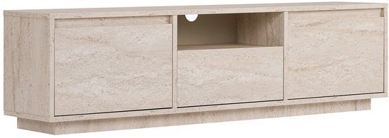 Tv-meubel met marmerlook, drie deuren en een open middenvak.