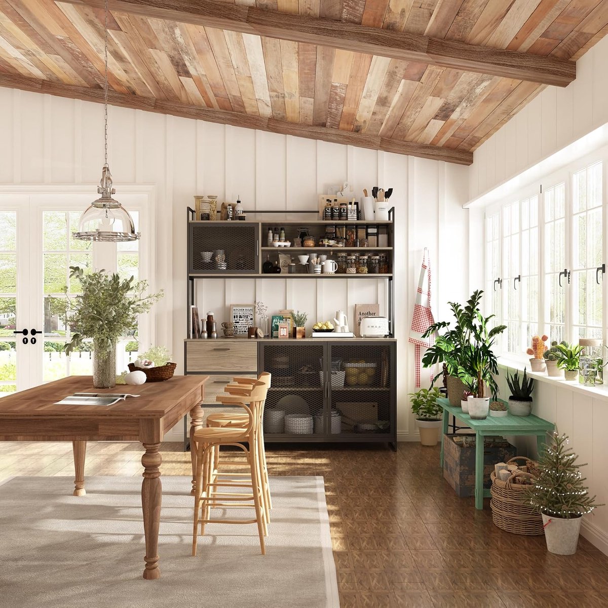 UrbanCraft Retro Industriële Keukenkast met Werkblad, 3 Deuren, 3 Laden & Open Opbergvakken – Buffetkast / Koffiebar / Dressoirkast 150 x 40 x 174 cm Walnoot & Zwart