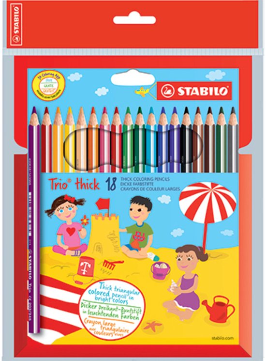 Verpakking met 18 STABILO Trio dikke kleurpotloden, met illustratie van kinderen op het strand.
