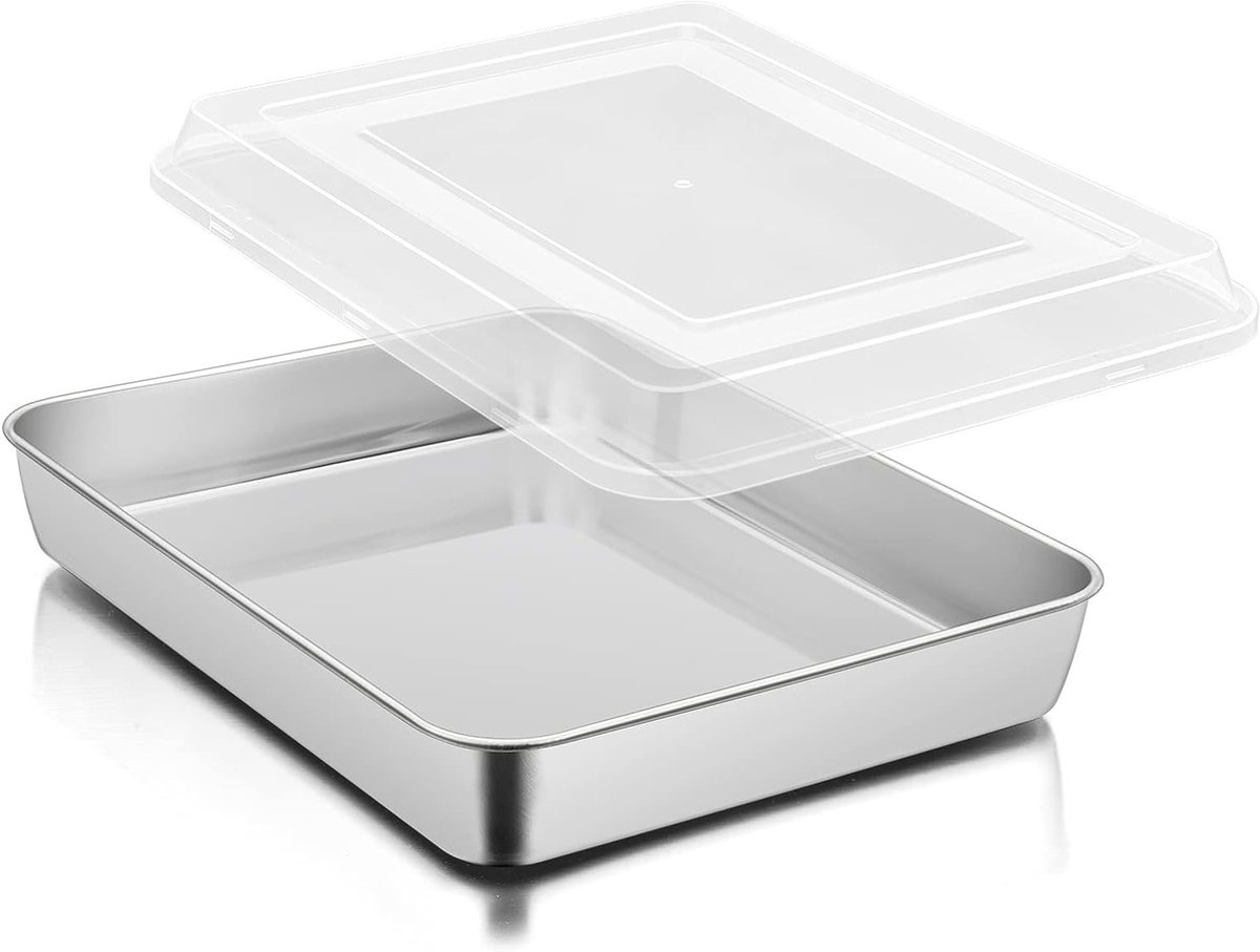 Diepe Bakvorm met Deksel (26.5x20.5x5cm) RVS Rechthoekige Braadpan voor Taarten, Brownies en Lasagne - Vaatwasmachinebestendig en Glanzende Afwerking