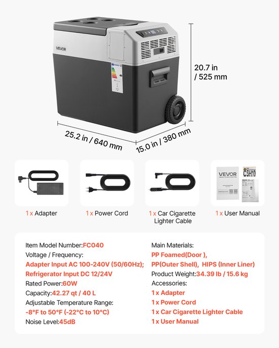 VEVOR Compressor Koelbox 40L, Autokoelkast met Handvat, App-bediening & Wielen, 12V/24V DC, 100–240V AC, -22°C tot 10°C, Elektrische Vriesbox voor Vrachtwagens, Bestelwagens, Campers, SUV's & Kamperen van Vevor — afbeelding 3