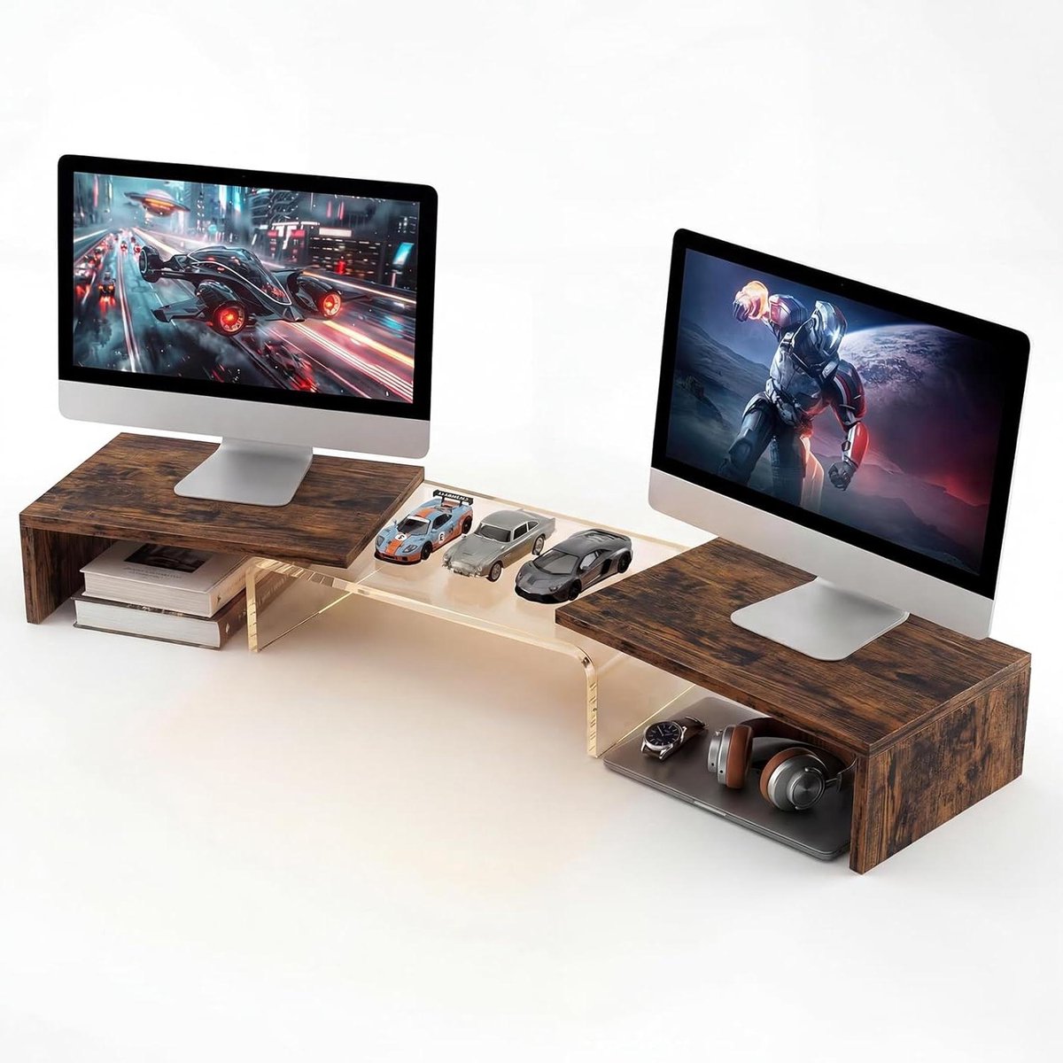 Dubbele Monitor Stand - Verhoger Bureau - Bureau Organisatie - Acryl Houten Design - 35 cm - Houtkleur