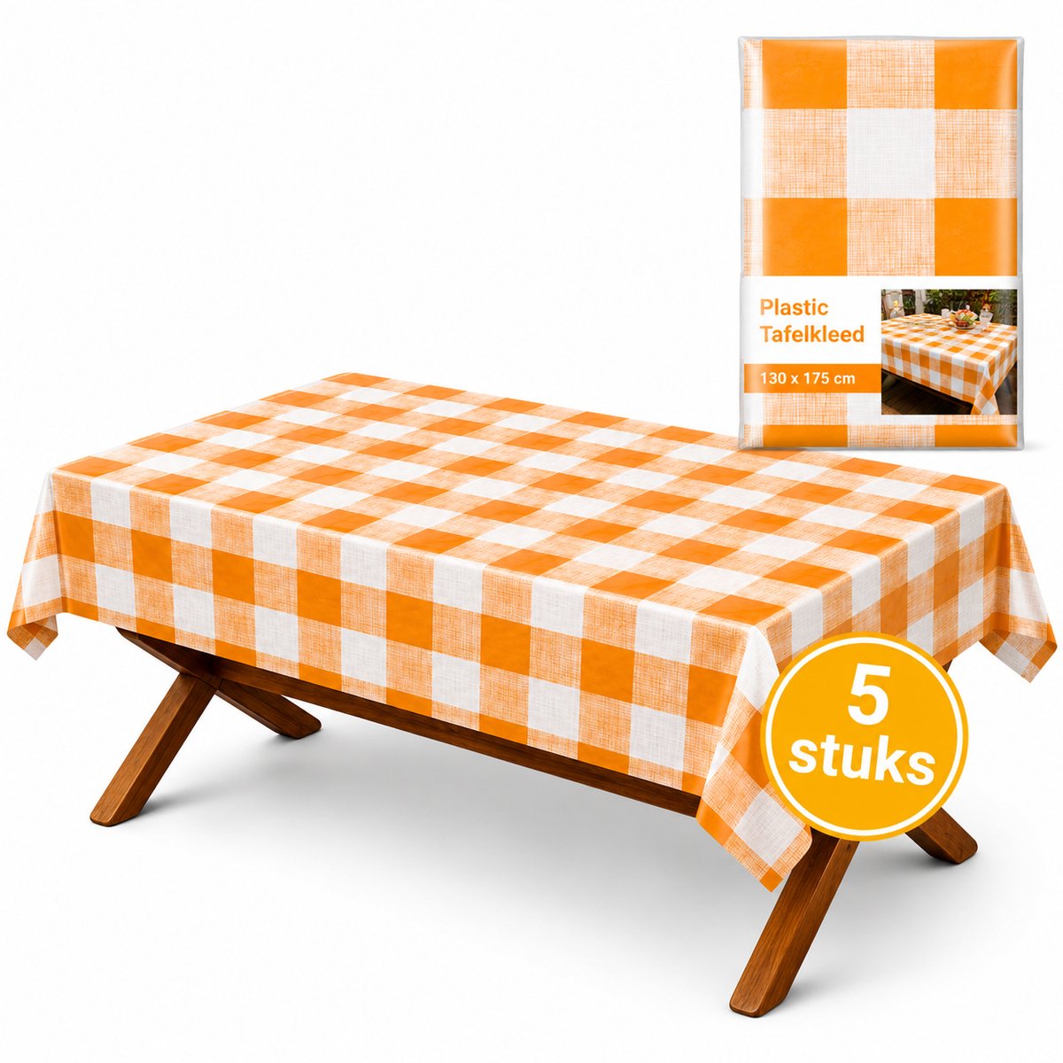 Chef Aid Kunststof Tafelkleed Oranje/Wit – 5 Stuks – 130 x 175 cm – Wegwerp Tafelkleed – Feest & Picknick