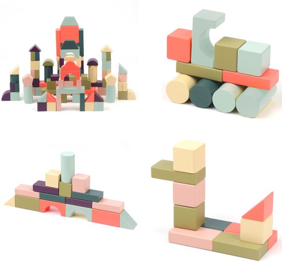 Vier afbeeldingen van houten bouwblokken in diverse constructies. Kleuren zoals groen, roze, geel, paars.